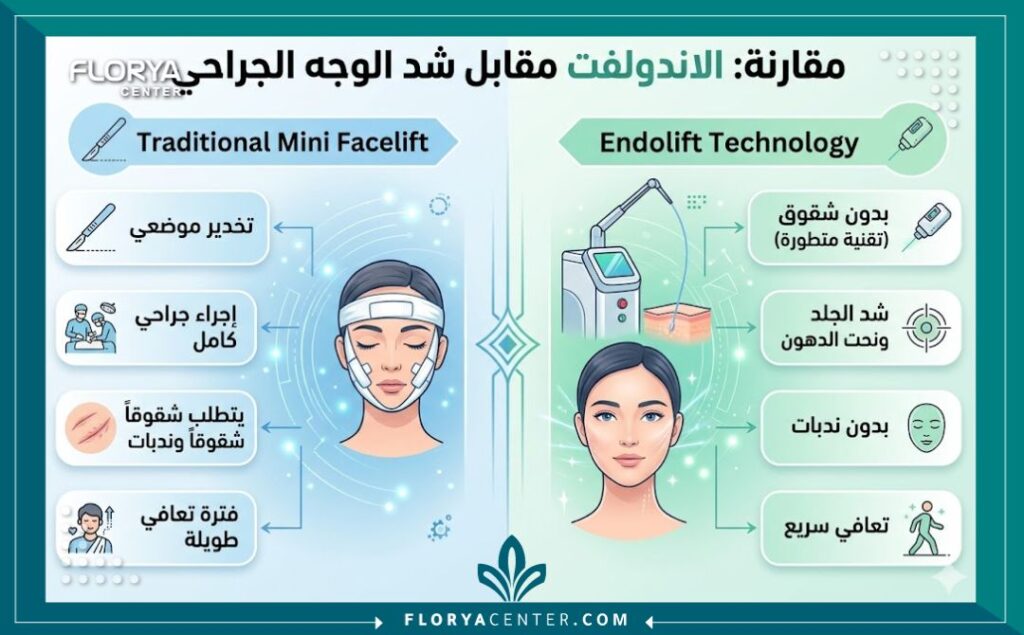إنفوجرافيك يوضح الفرق بين تقنية الاندولفت في تركيا كإجراء غير جراحي وبين عملية شد الوجه المصغرة التقليدية من حيث التعافي والندبات.