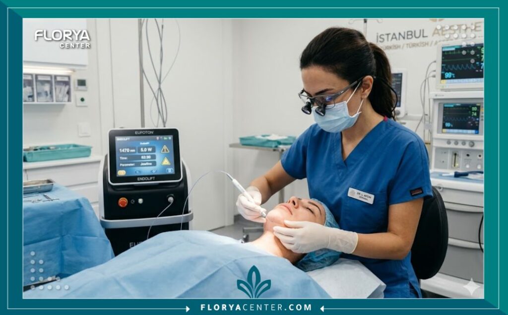 طبيبة تجميل في تركيا تقوم بإجراء عملية الاندولفت لشد اللغلوغ ونحت الفك لمريض باستخدام جهاز الليزر الداخلي الحديث في عيادة معقمة.