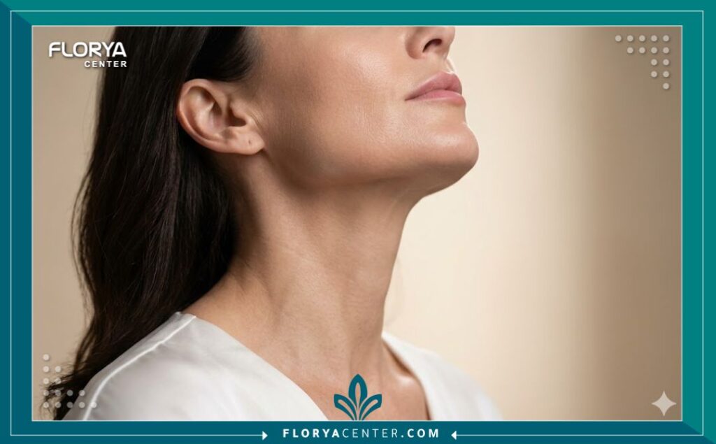 لقطة مقربة تبرز تحديد الفك (تكساس) وشد الرقبة بعد علاج الاندولفت في تركيا، تظهر اختفاء الترهل والدهون الزائدة.