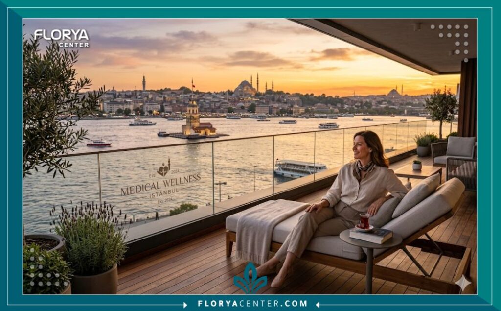 مريضة تسترخي على شرفة تطل على البوسفور في اسطنبول خلال فترة النقاهة القصيرة بعد إجراء الاندولفت، تروج للسياحة العلاجية في تركيا.