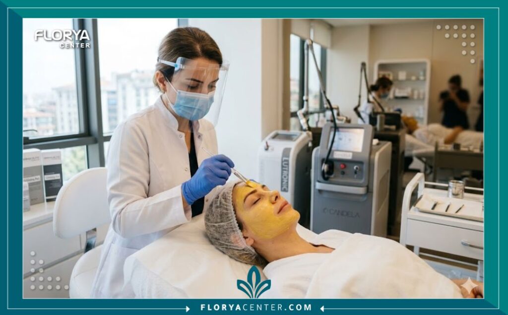 طبيبة جلدية في تركيا تقوم بتطبيق قناع التقشير الأصفر على وجه مريضة داخل عيادة تجميل معقمة وحديثة.