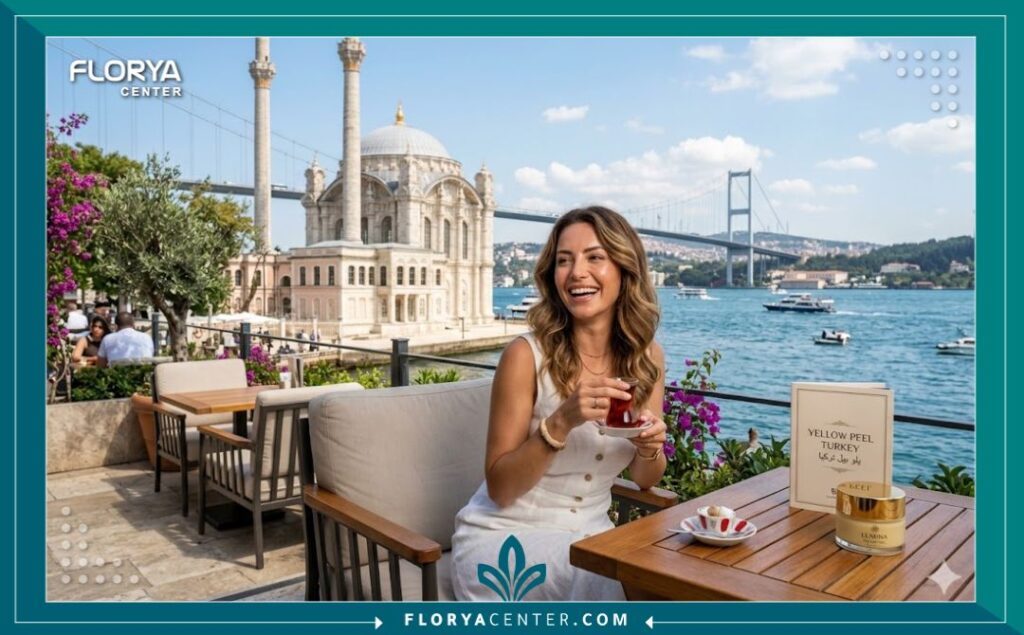 سيدة تتمتع ببشرة نضرة ومشرقة في رحلة سياحة علاجية في إسطنبول بعد خضوعها لجلسات التقشير الأصفر للتفتيح في تركيا.