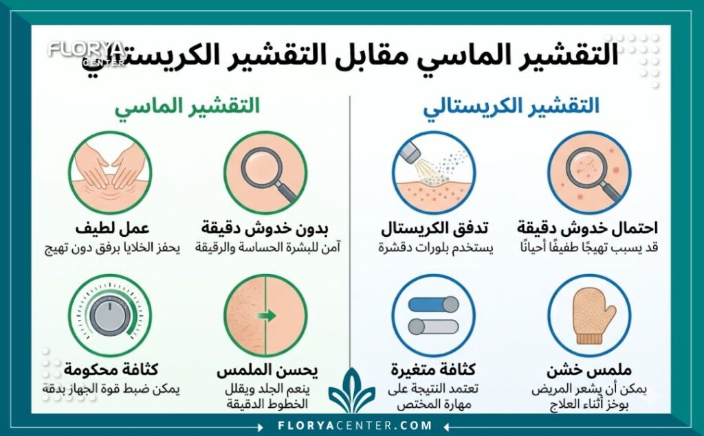 إنفوجرافيك مقارنة بين تقنية التقشير الماسي لصنفرة الجلد والتقشير الكريستالي وتنعيم ملمس البشرة.