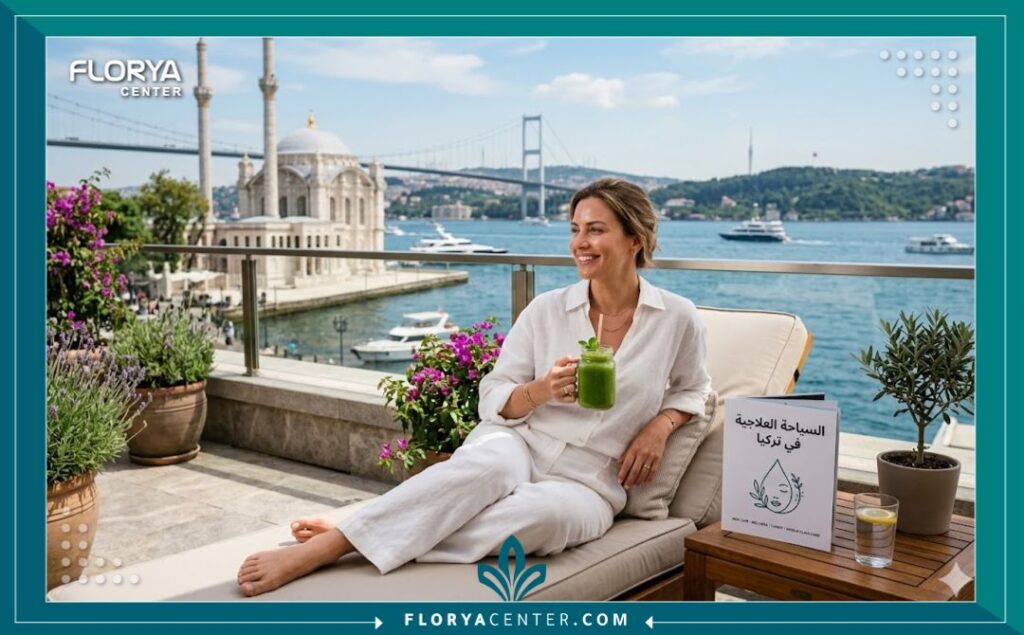 سياحة علاجية في تركيا: امرأة تستمتع بشرة ناعمة بعد علاج التقشير الماسي وتطل على مضيق البوسفور.