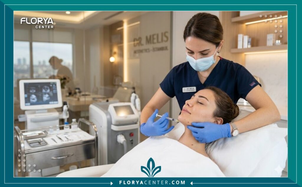 طبيبة تجميل تقوم بحقن فيلر التكساس لتحديد الفك في عيادة معتمدة في تركيا.
