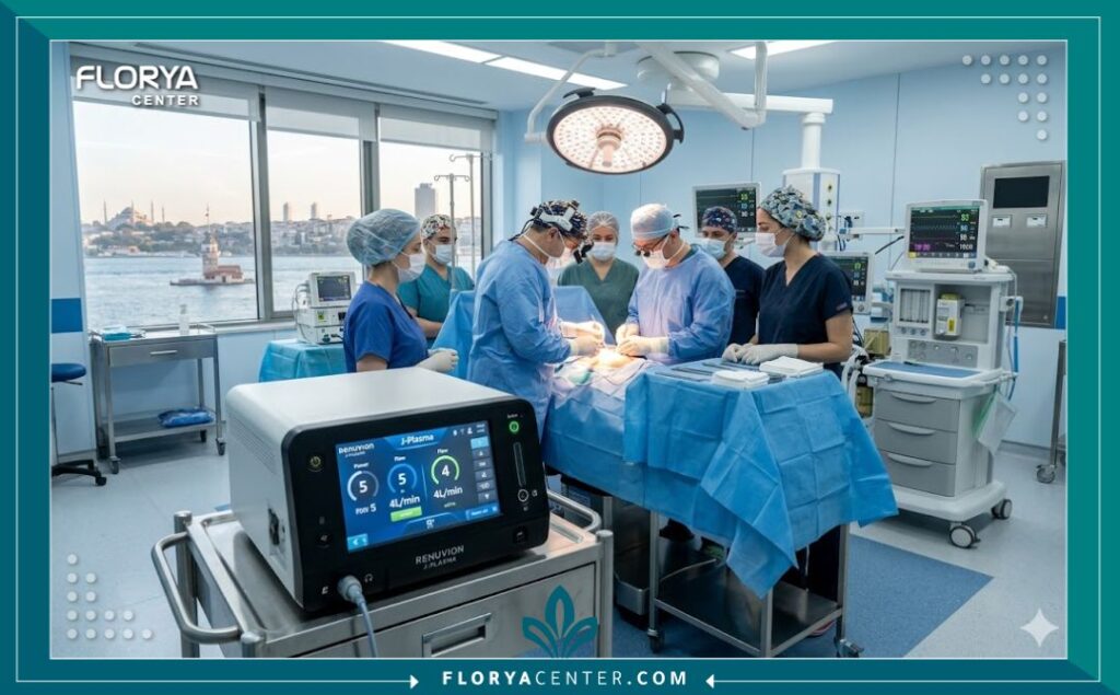 غرفة عمليات حديثة ومعقمة في مستشفى بتركي؛ حيث تُستخدم تقنية الجي بلازما لشد الجسم.