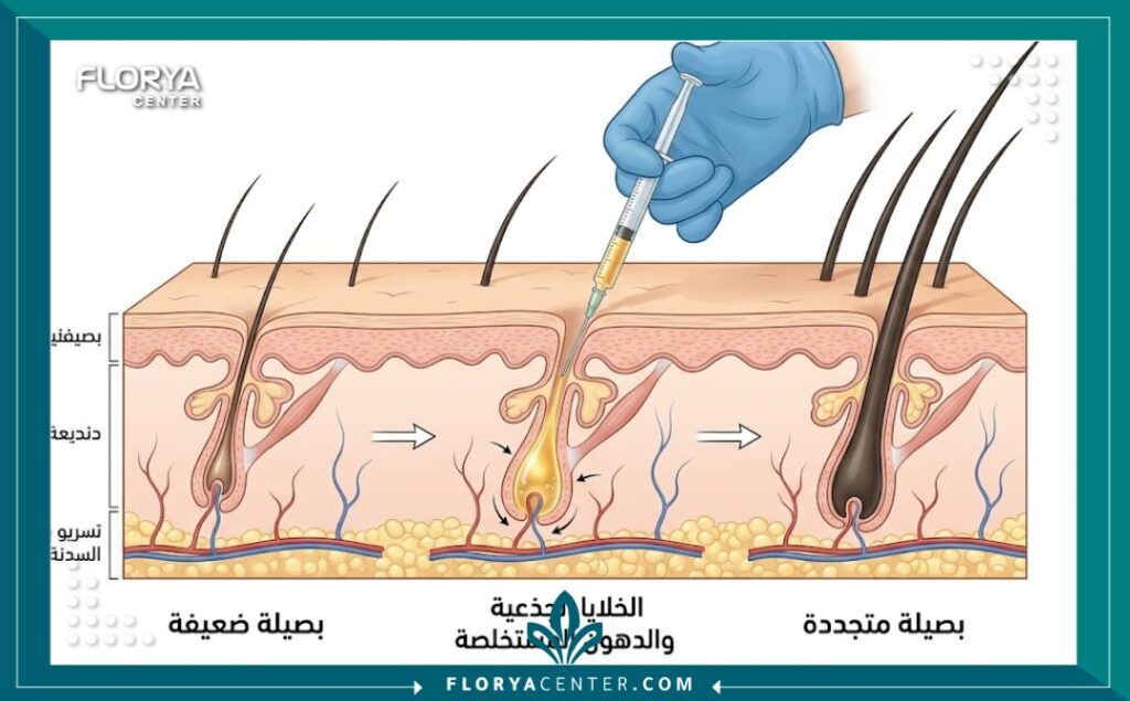 تقنية الخلايا الجزعية في زراعة الشعر 2 رسم تخطيطي طبي يوضح كيفية حقن الخلايا الجذعية والدهون المستخلصة (SVF) لتنشيط بصيلات الشعر الضعيفة وعلاج التساقط.