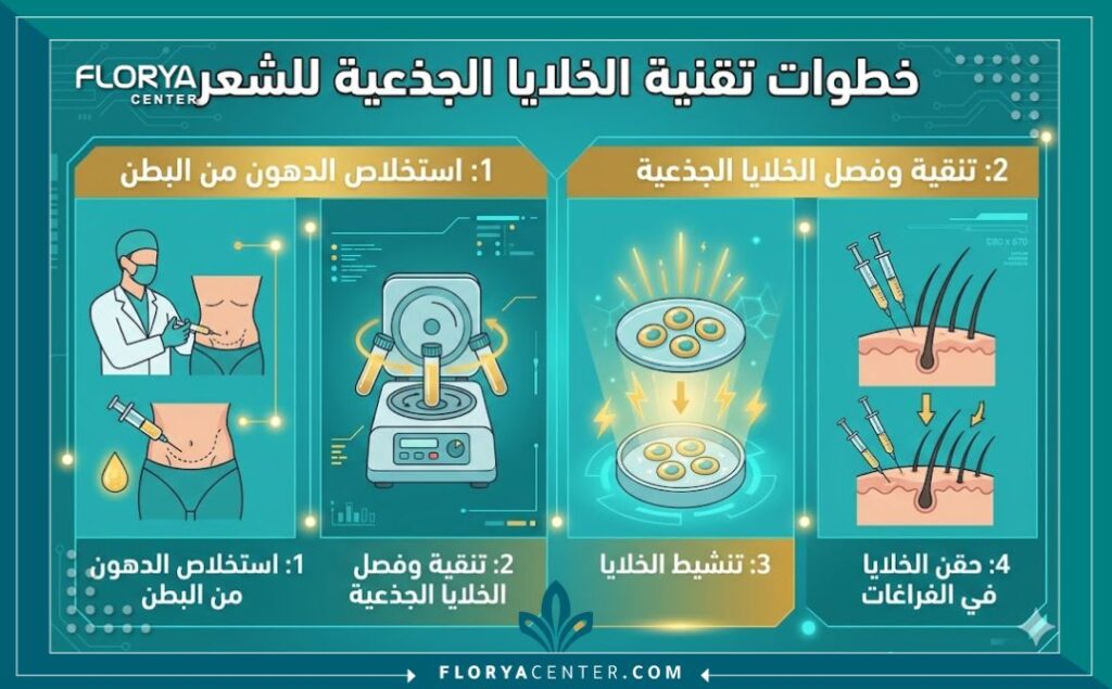 تقنية الخلايا الجزعية في زراعة الشعر 3 إنفوجرافيك يوضح خطوات تقنية الخلايا الجزعية في زراعة الشعر: من شفط الدهون من جسم المريض، تصفيتها، ثم حقنها في الفروة.