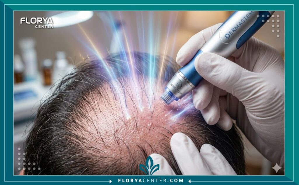تقنية الخلايا الجزعية في زراعة الشعر 5 صورة مكبرة لفروة رأس تعاني من ترقق الشعر أثناء عملية حقن الدهون النانوية والخلايا الجذعية لتحفيز نمو البصيلات الميتة.