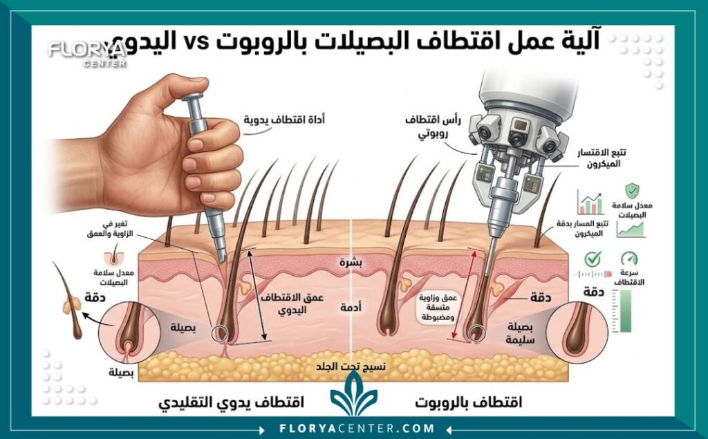 مخطط طبي ثلاثي الأبعاد يوضح الفرق في الدقة وعمق الاقتطاف بين تقنية الروبوت والاقطاف اليدوي التقليدي للبصيلات.
