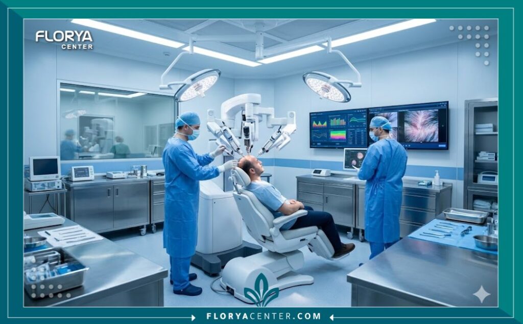 غرفة عمليات معقمة ومتطورة في تركيا تظهر التجهيزات الكاملة ونظام الروبوت أثناء تجهيز مريض لزراعة الشعر.