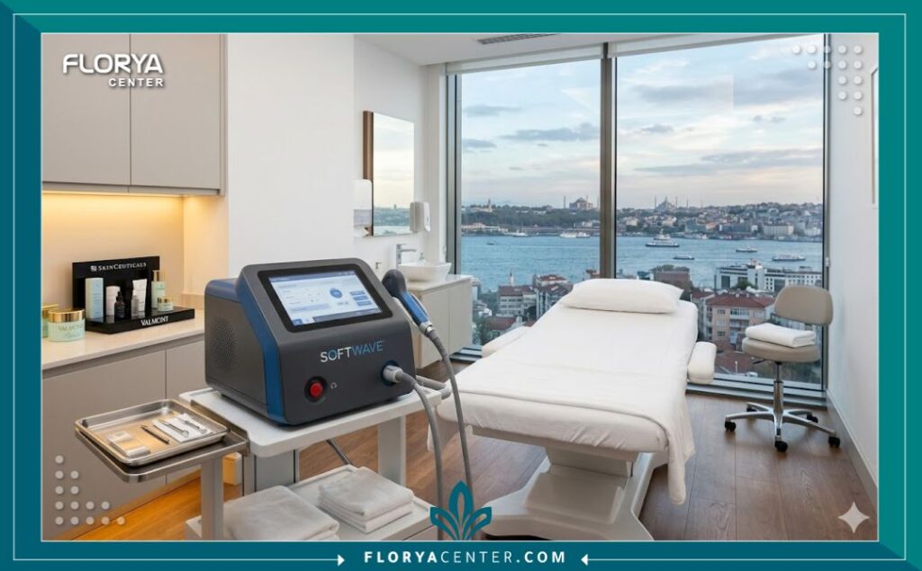 غرفة علاج معقمة وحديثة في عيادة تجميل في إسطنبول، تظهر فيها آلة السوفت ويف (Softwave) وإطلالة خلفية على مدينة إسطنبول.