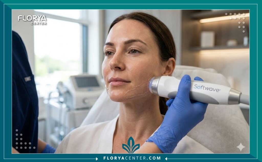 لقطة قريبة لطبيبة تجميل تستخدم جهاز السوفت ويف على خط الفك لمريضة لشد الترهلات بدقة في عيادة تركية.