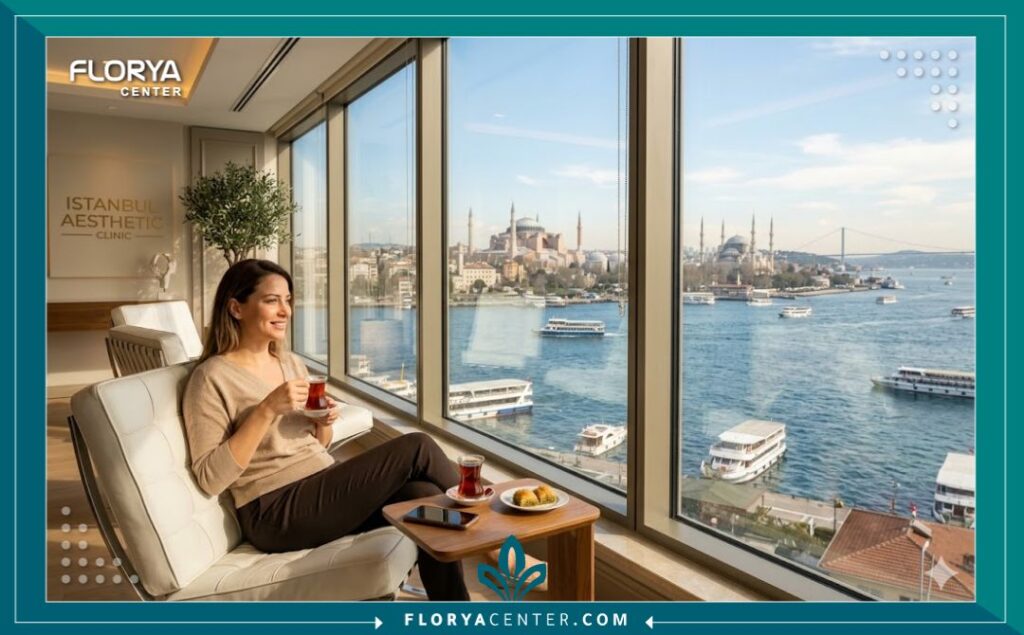 مريضة تسترخي وتشرب الشاي التركي داخل عيادة تجميل فاخرة في إسطنبول مع إطلالة بانورامية ساحرة على البوسفور ومعالم إسطنبول التاريخية.