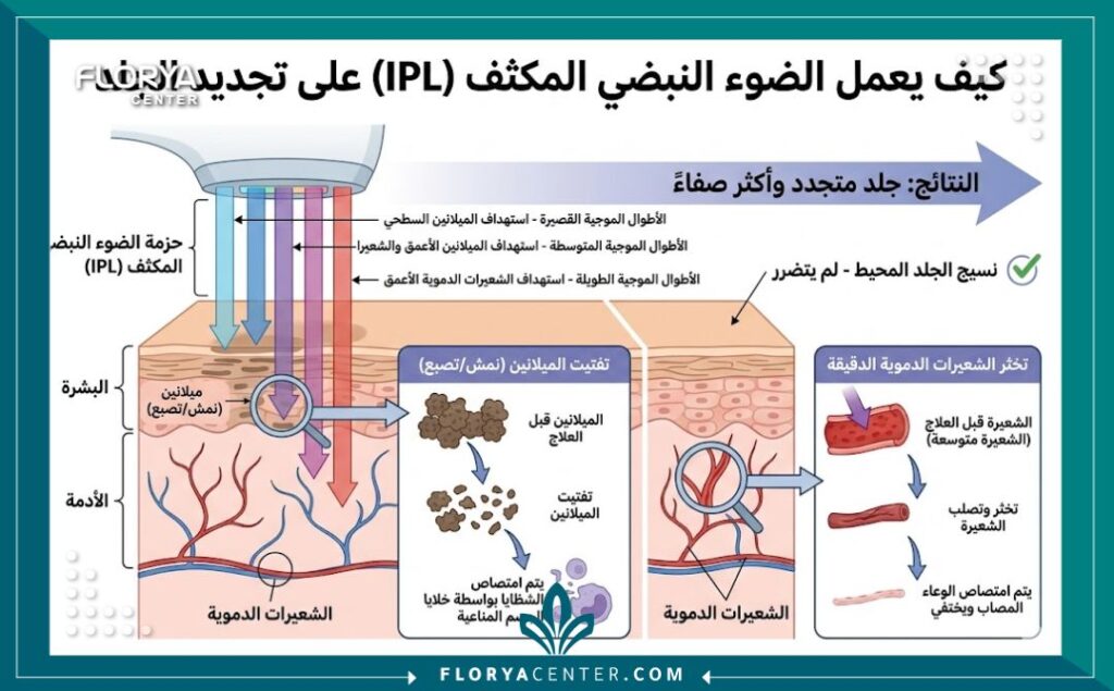 رسم تخطيطي طبي يوضح كيفية اختراق أشعة الضوء النبضي المكثف الطبقات الجلدية لاستهداف الميلانين والشعيرات الدموية الدقيقة في تركيا.