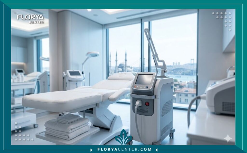 غرفة علاج حديثة ومعقمة داخل عيادة تجميل في تركيا مجهزة بأحدث أجهزة الضوء النبضي المكثف (IPL) لعلاج البشرة.