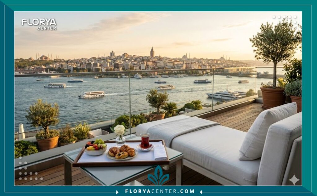 إطلالة بانورامية فاخرة لمدينة إسطنبول ومضيق البوسفور من شرفة جناح استجمام في تركيا، تعكس أجواء السياحة العلاجية بعد جلسة IPL.