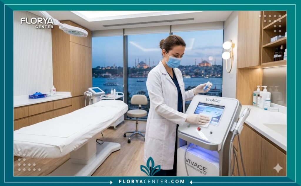 غرفة علاج حديثة ومعقمة داخل مركز تجميل طبي في إسطنبول، تظهر فيها طبيبة تستعد لاستخدام جهاز الفيفاتشي.