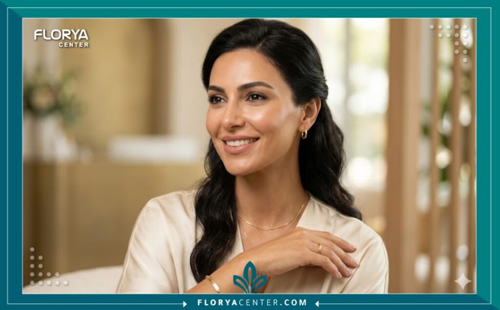 بشرة نضرة ومشدوة وخالية من المسام الواسعة لسيدة بعد الخضوع لعدة جلسات لجهاز الفيفاتشي (الإبر الذهبية).