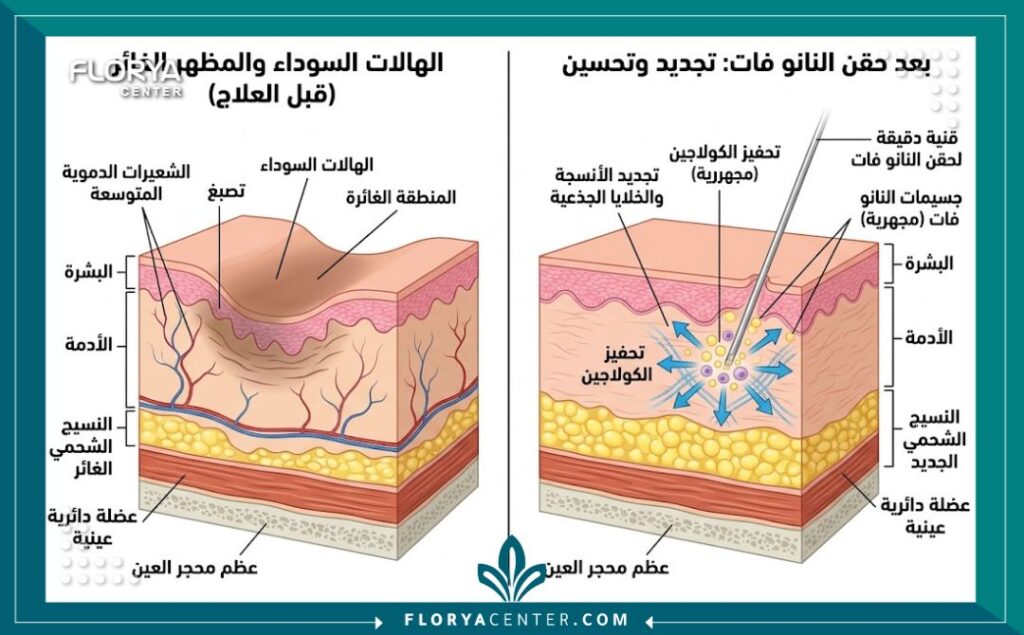 رسم تخطيطي طبي يوضح كيفية حقن الخلايا الجذعية من الدهون (النانو فات) تحت الجلد لتجديد البشرة وعلاج الهالات السوداء.