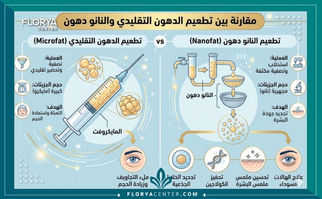 إنفوجرافيك يوضح الفرق بين حقن الدهون التقليدية وتقنية النانو دهون في تركيا دهون في تركيا لعلاج مشاكل سطح الجلد والهالات.