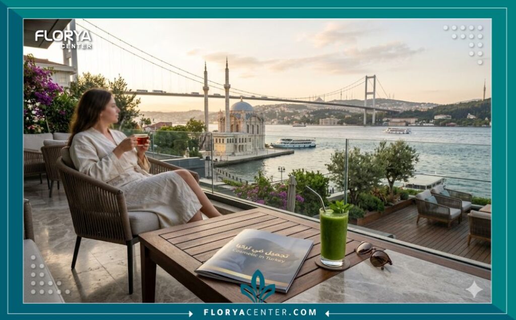 إطلالة فاخرة على البوسفور في اسطنبول تعكس تجربة السياحة العلاجية المريحة أثناء إجراء تقنية النانو دهون في تركيا.