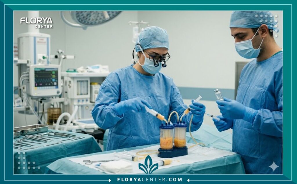 طبيبة تجميل في مستشفى تركي تقوم بتحضير دهون النانو (Nanofat) الغنية بالخلايا الجذعية داخل غرفة عمليات معقمة.