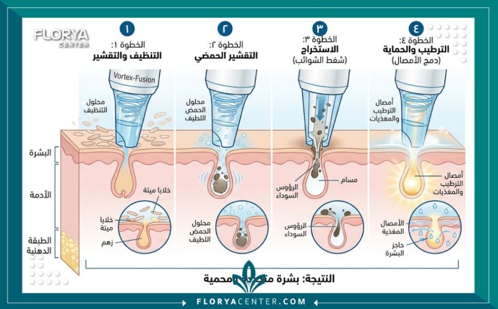 رسم توضيحي طبي يبين مراحل تقنية الهيدرافيشل الأربعة: التنظيف، التقشير، شفط الرؤوس السوداء، وترطيب البشرة بالسيروم.