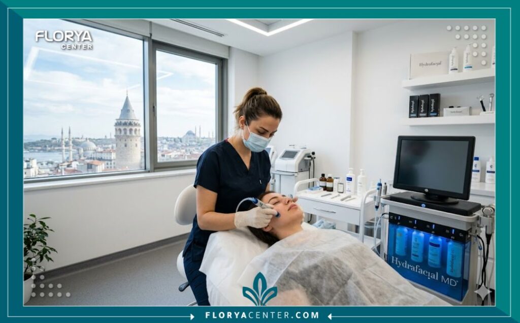 داخل عيادة تجميل متخصصة ومعقمة في تركيا، طبيبة جلدية تستخدم جهاز الهيدرافيشل لتنظيف بشرة مريض.