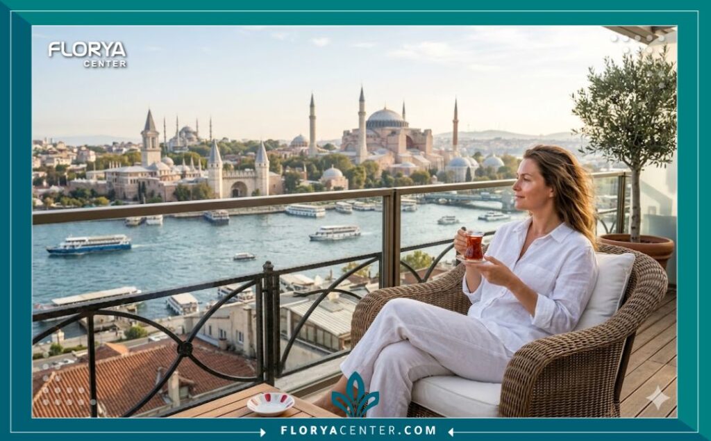 سياحة علاجية في تركيا: امرأة تستمتع بنضرة بشرتها بعد جلسة الهيدرافيشل وإطلالة ساحرة على آيا صوفيا في اسطنبول.