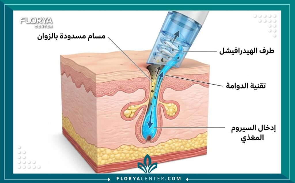 مخطط توضيحي ثلاثي الأبعاد يبين كيفية عمل تقنية الدوامة في الهيدرافيشل لتفريغ المسام المسدودة وحقن السيروم.