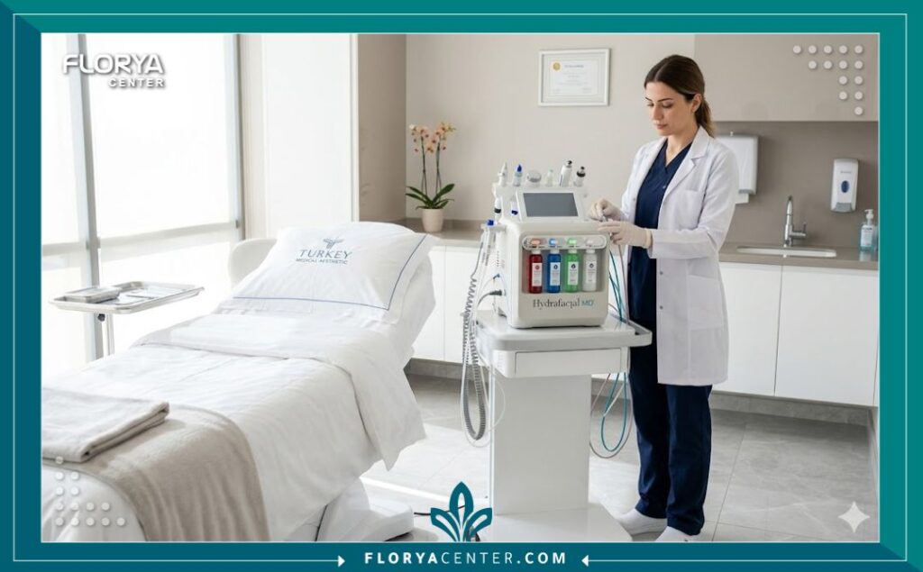 جهاز الهيدرافيشل الحديث داخل غرفة علاج معقمة واحترافية في مستشفى تجميل متخصص في تركيا.