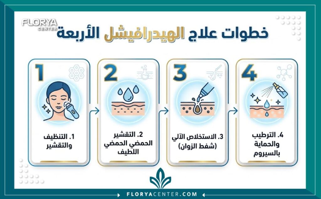 إنفوجرافيك يوضح خطوات علاج تقنية الهيدرافيشل لتنظيف الوجه الأربعة: التنظيف، التقشير، الاستخلاص، والترطيب بالترتيب.