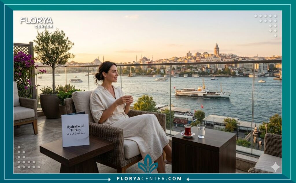 سياحة علاجية في تركيا: مريضة مسترخية تتمتع ببشرة نضرة بعد الهيدرافيشل وتنظر إلى مضيق البوسفور في إسطنبول.