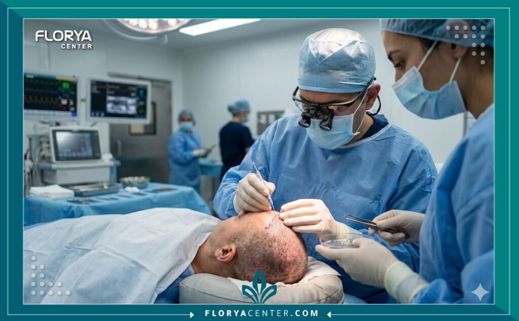 تقنية زراعة الشعر البيركوتان 4 لقطة واقعية من داخل غرفة عمليات معقمة تُظهر طبيب زراعة شعر خبير يستخدم إبرة البيركوتان الدقيقة بدقة تحت المجهر لزراعة البصيلات في فروة رأس مريض.