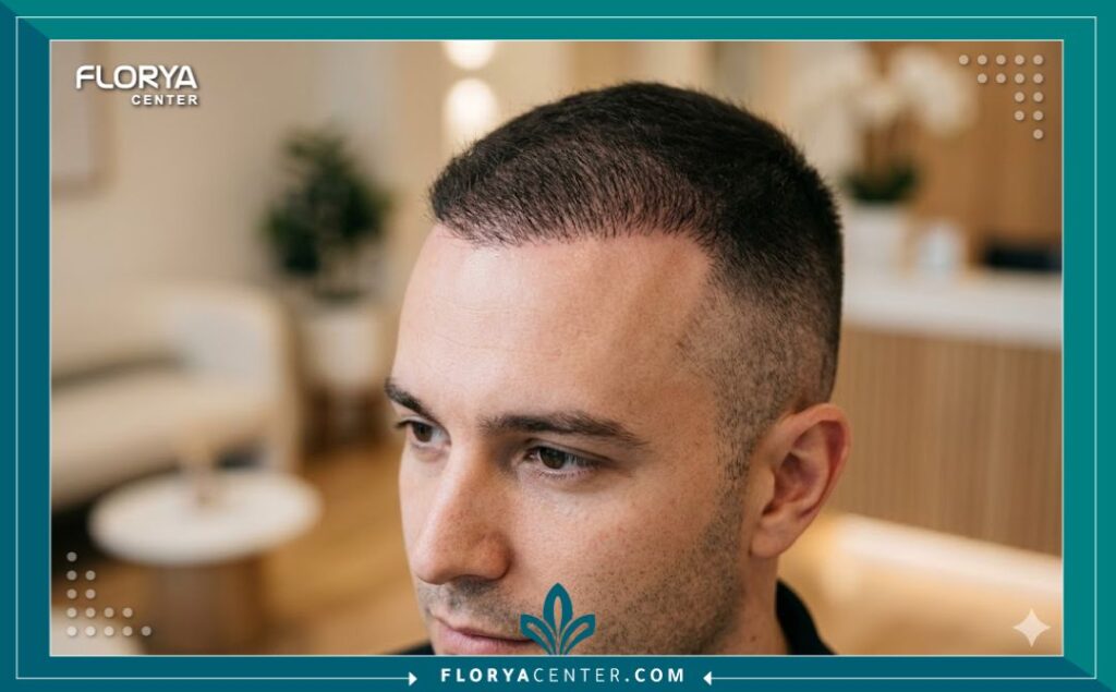 تقنية زراعة الشعر البيركوتان 5 لقطة جمالية قريبة تبرز خط الشعر الجديد الطبيعي والكثيف لرجل بعد الخضوع لعملية زراعة الشعر بتقنية البيركوتان، مع تركيز على دقة توجيه البصيلات.