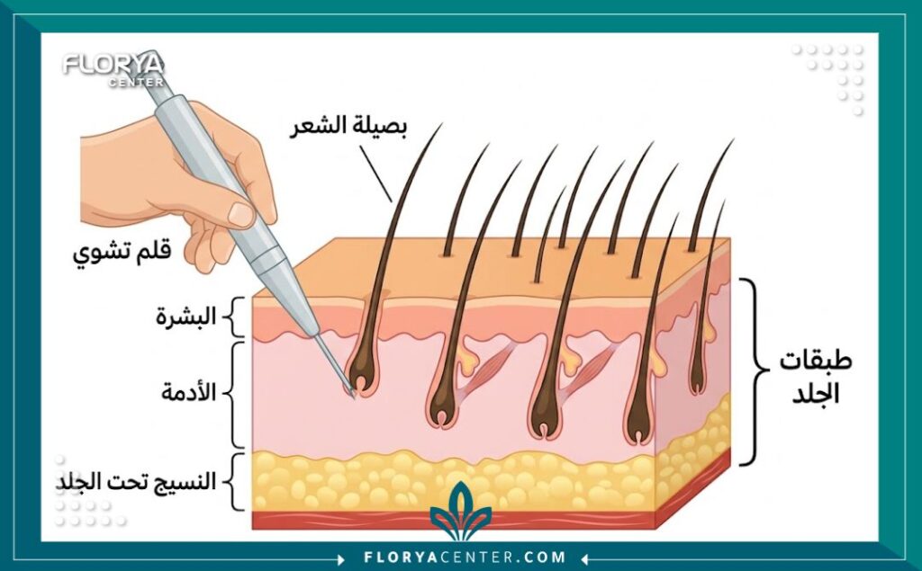 مخطط توضيحي طبي يشرح آلية غرس البصيلات مباشرة في فروة الرأس باستخدام تقنية DHI.