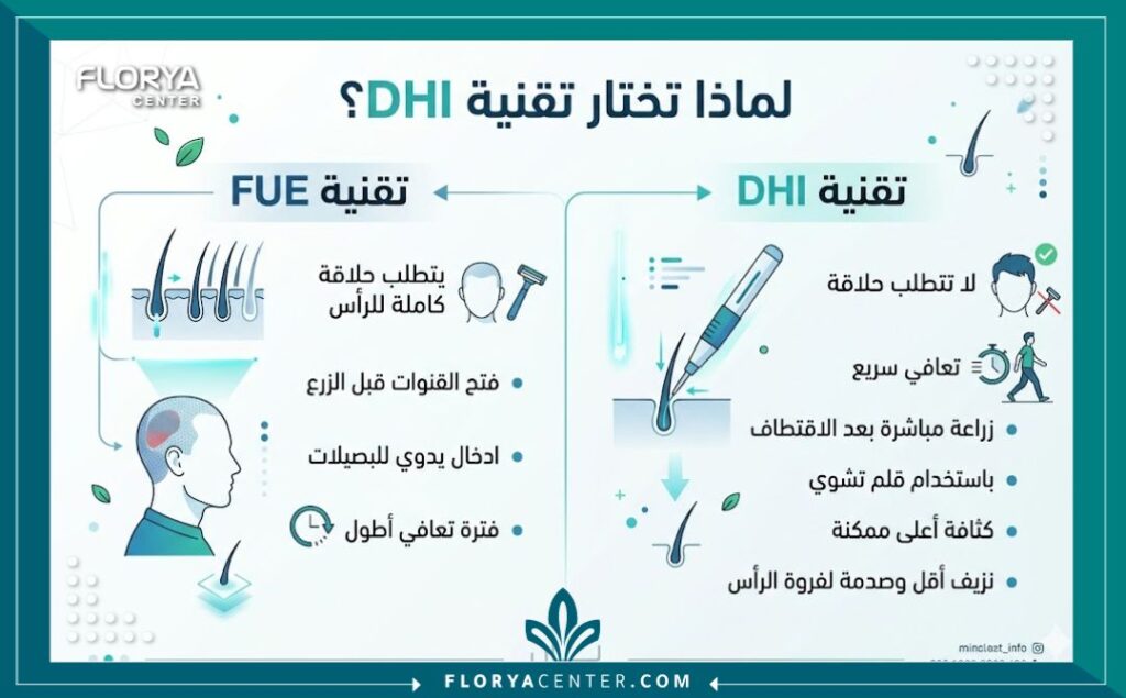 إنفوجرافيك يقارن بين مزايا تقنية زراعة الشعر DHI المباشرة وتقنيات زراعة الشعر الأخرى.