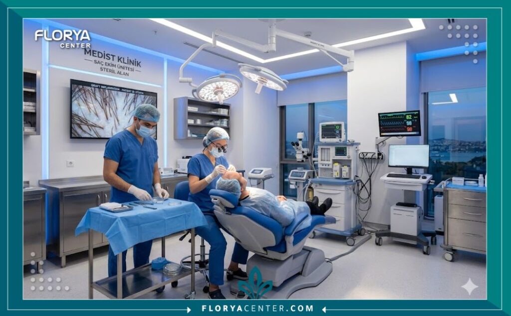 تجهيزات غرفة العمليات الحديثة المخصصة لعمليات زراعة الشعر بتقنية DHI في تركيا.