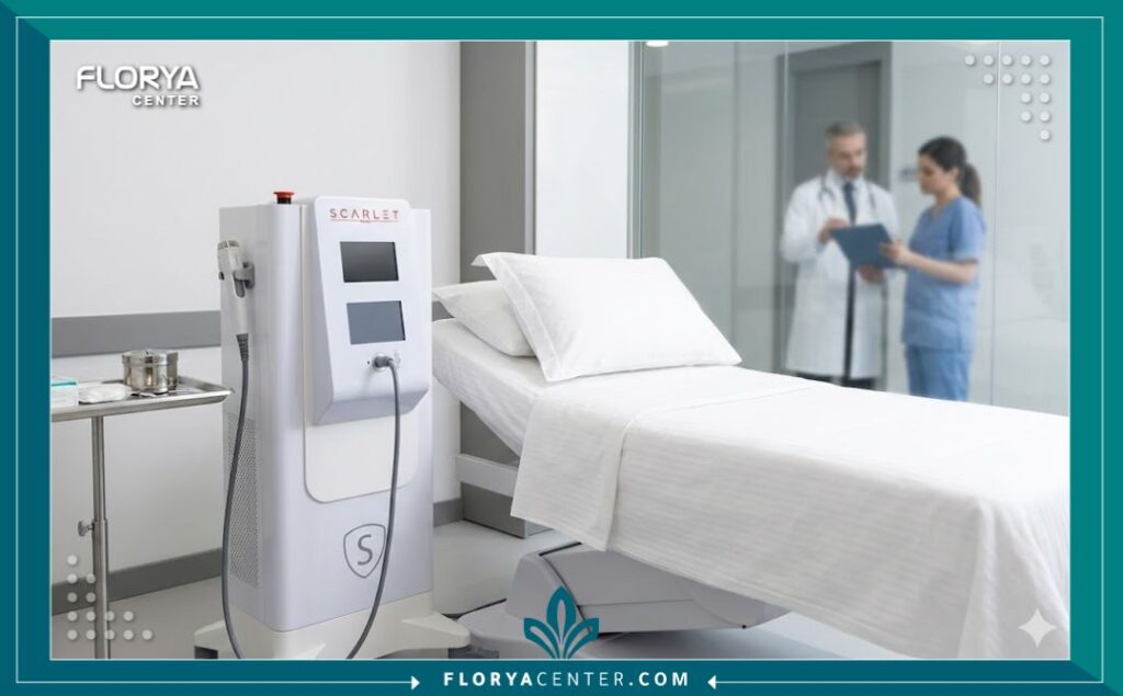 غرفة إجراءات معقمة في عيادة تجميلية باسطنبول جاهزة لاستقبال المرضى لعلاج السكارليت.