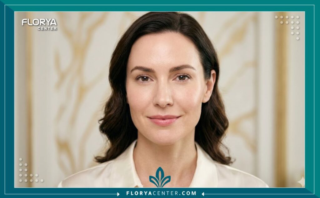 صورة مقربة لوجه عارضة أزياء بشرتها مشرقة ومشدودة ذات مسام مصغرة بعد جلسات سكارليت.