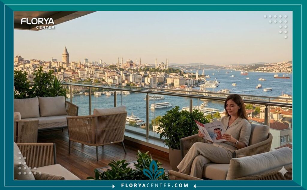 مشهد بانورامي لعيادة تجميلية باسطنبول تطل على المعالم التاريخية، يجمع بين السياحة العلاجية والجمال.