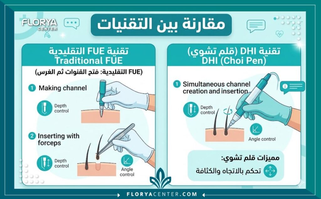 إنفوجرافيك يقارن بين تقنية DHI و اقلام تشوي في زراعة الشعر مقابل تقنية FUE التقليدية، موضحاً اختصار الخطوات وميزاتها.