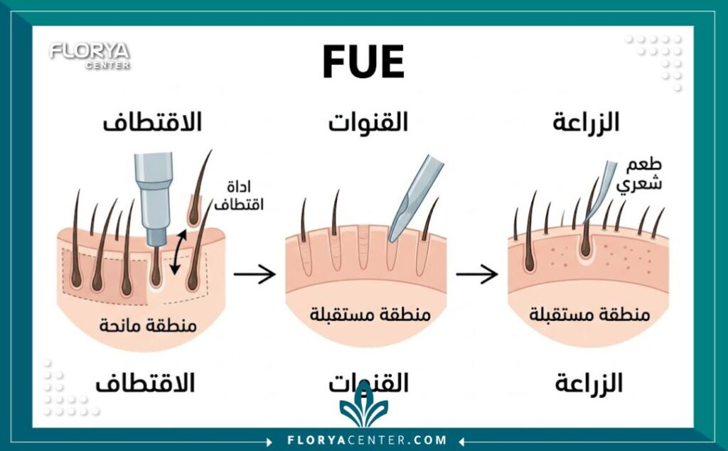 مخطط توضيحي لعملية زراعة الشعر بالاقتطاف FUE في تركيا