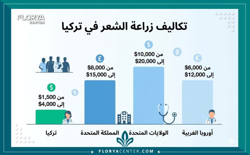 انفوجرافيك مقارنة تكاليف زراعة الشعر في تركيا مقابل دول العالم