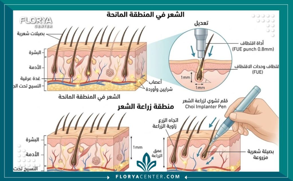 رسم توضيحي طبي يوضح تشريح فروة الرأس وعملية اقتطاف وزراعة بصيلات الشعر (FUE و DHI) لشرح العوامل المؤثرة في تكاليف عملية زراعة الشعر.