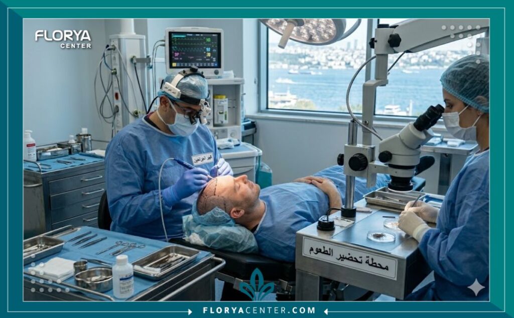 لقطة واقعية من داخل غرفة عمليات زراعة الشعر في مستشفى حديث في إسطنبول، تظهر كبير الجراحين أثناء زراعة الطعوم بدقة، مما يعكس جودة الخدمات الطبية مقابل تكاليف عملية زراعة الشعر.