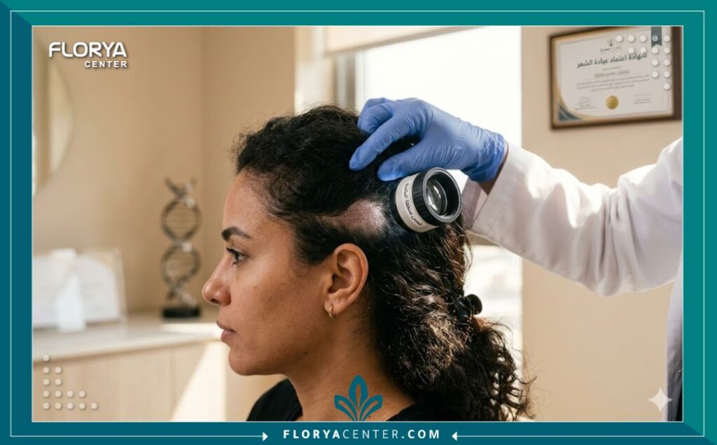 لقطة فنية قريبة (ماكرو) من الخلف تظهر فحص طبيب جلدية لمنطقة المانحة بعد التئامها، مع تسليط الضوء على تقنية FUE الدقيقة وتأثيرها في جودة وتكاليف عملية زراعة الشعر.