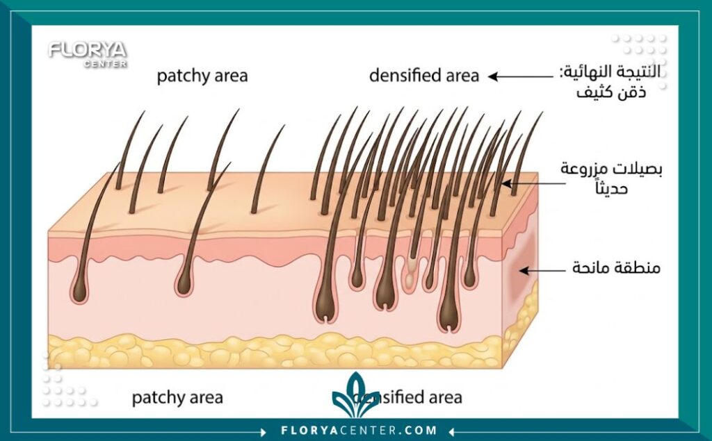 مخطط طبي يوضح كيفية زراعة بصيلات الشعر لتكثيف فراغات اللحية وتغطية الندبات في الوجه.