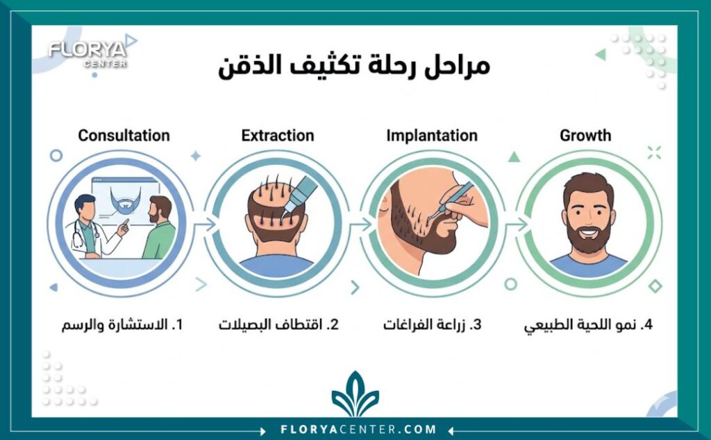إنفوجرافيك يوضح مراحل عملية تكثيف شعر الذقن من الاستشارة وحتى الحصول على النتيجة النهائية والنمو الطبيعي.